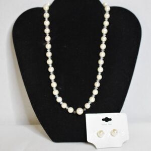 Formal Party Faux Pearl Black/Crystal Accent Beads 18" Necklace & Post Earrings